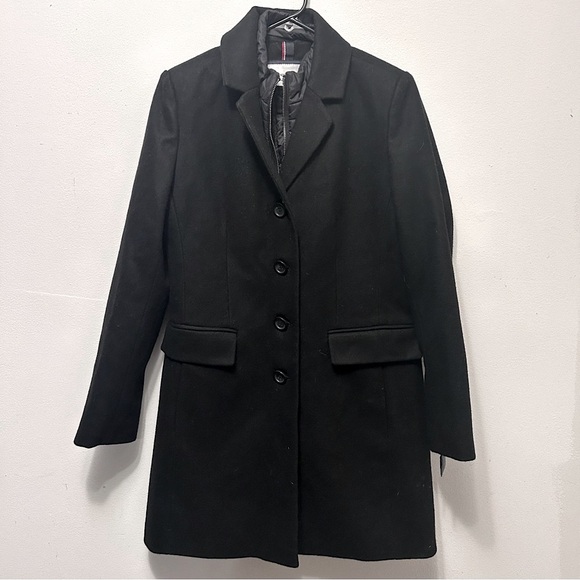 NWT Tommy Hilfiger Wool Blend Button Down Long Coat Black Women’s Small - Picture 1 of 9
